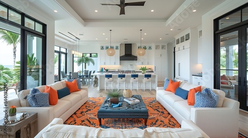 A spacious, modern living room with white couches and orange throw pillows. The room features large windows with a view of lush greenery and a kitchen area with a stainless steel range hood