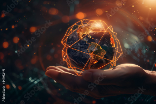 The image showcases a hand tenderly holding the Earth, with vibrant digital connections illuminating around it, representing the powerful influence of technology in uniting people © HASAN