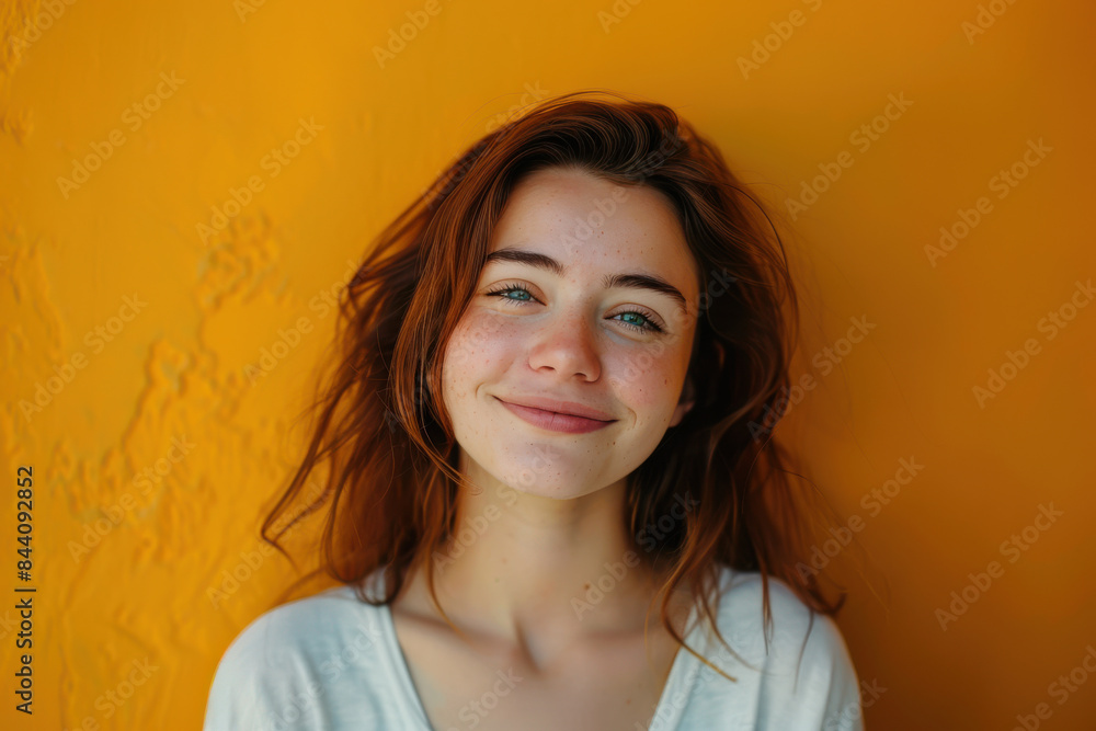 A close up portrait of a young woman with a subtle smile A close up portrait of a young woman with a subtle smile