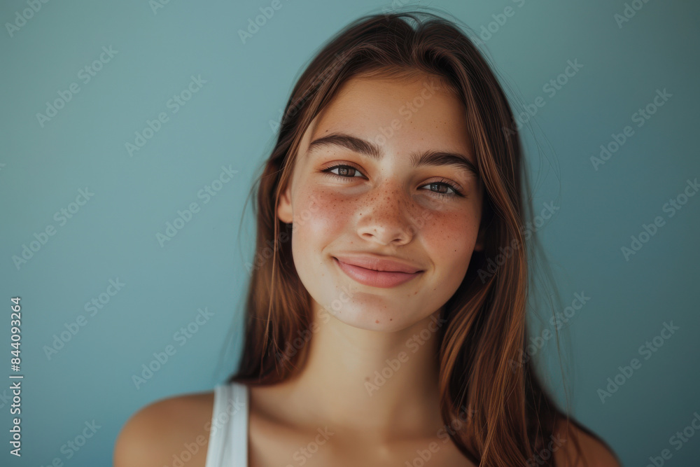 A close up portrait of a young woman with a subtle smile A close up portrait of a young woman with a subtle smile