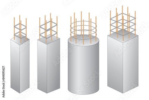 Set of steel column foundation in reinforced concrete block. 3D Illustration