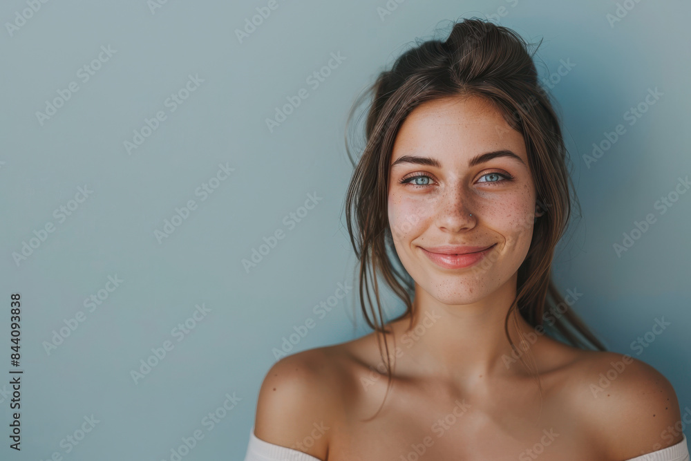 A close up portrait of a young woman with a subtle smile A close up portrait of a young woman with a subtle smile