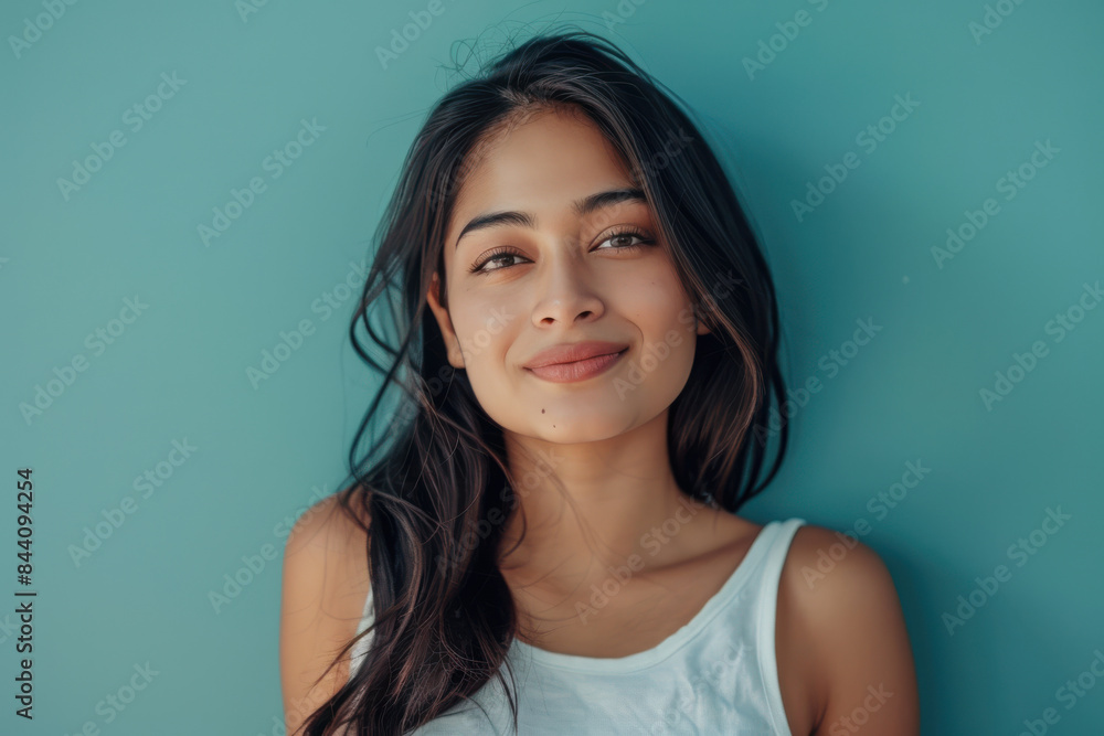 A close up portrait of a young woman with a subtle smile A close up portrait of a young woman with a subtle smile