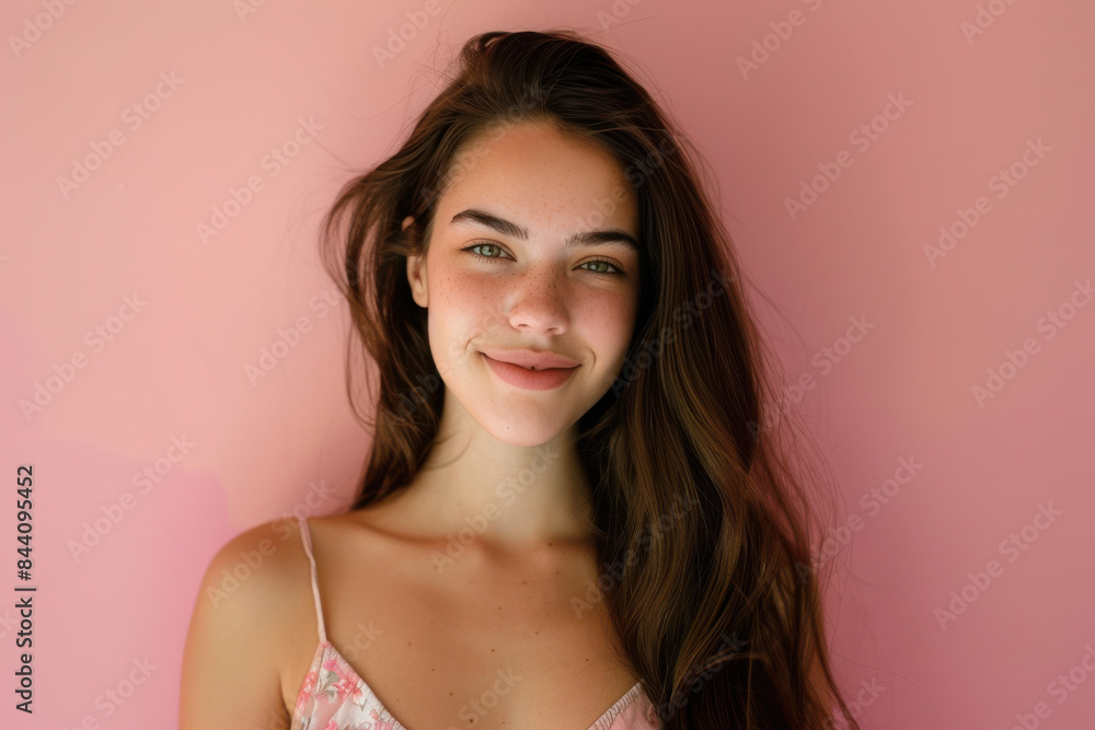 A close up portrait of a young woman with a subtle smile A close up portrait of a young woman with a subtle smile