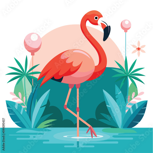 a pink flamingo is standing in the water with bamboo in the background.