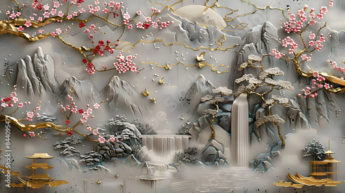 Volumetric stucco molding on a concrete wall with golden elements, Japanese landscape, waterfall, mountains, sakura.