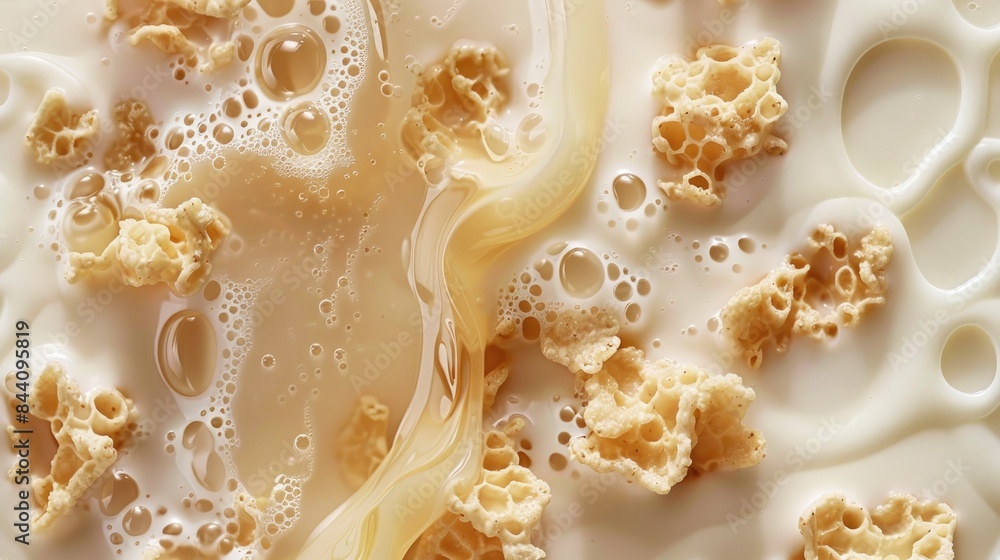 Bird s eye view of a honey cereal submerged in milk Bird s eye view of a honey cereal submerged in milk