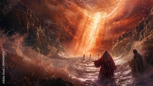 Moses opening the Red Sea in the Exodus part of the Bible, generative ai