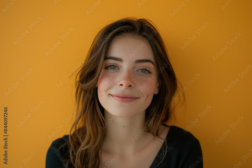 A close up portrait of a young woman with a subtle smile A close up portrait of a young woman with a subtle smile