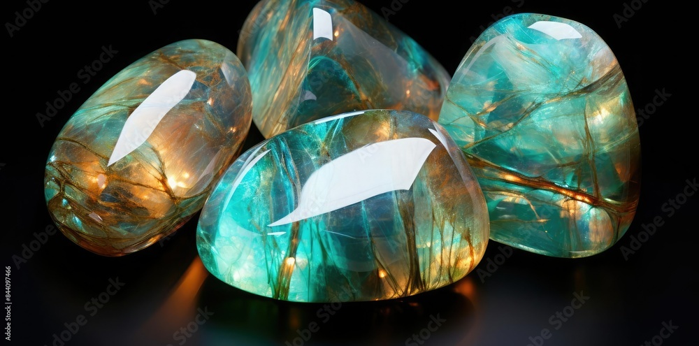 opal textured eggs in a row on a black table, accompanied by a shiny blue ball and a shiny ball, with a shiny reflection visible in the background opal textured eggs in a row on a black table, accompanied by a shiny blue ball and a shiny ball, with a shiny reflection visible in the background
