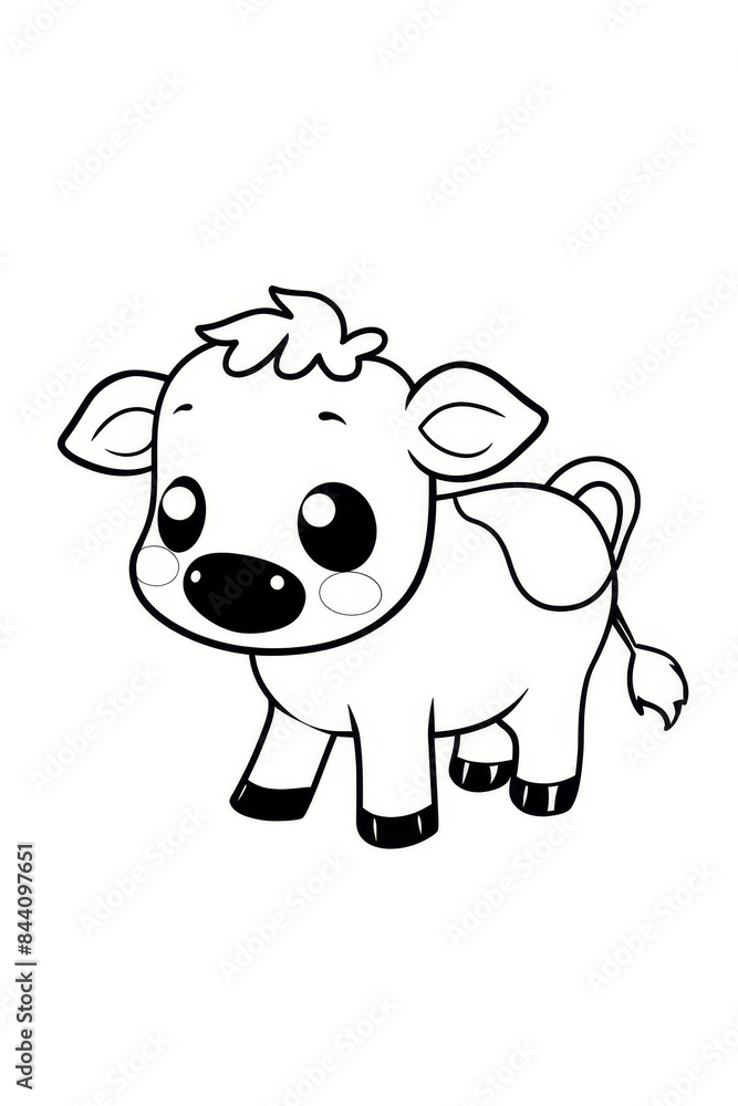 Fototapeta premium Cute Farm animal colouring page, Calf comic style, black and white, bold lines, white background