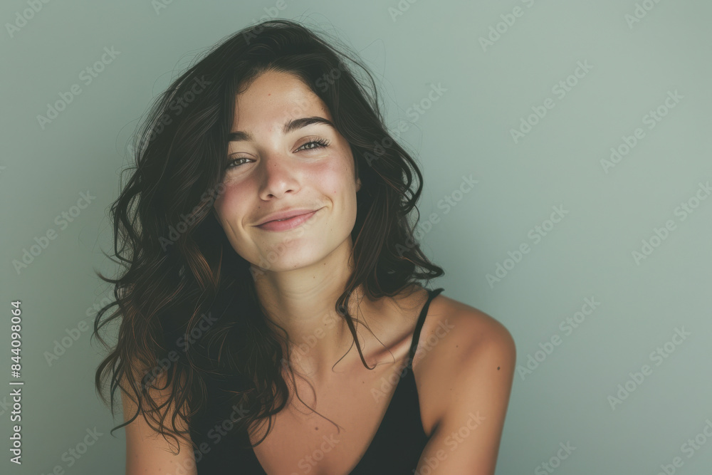 A close up portrait of a young woman with a subtle smile A close up portrait of a young woman with a subtle smile