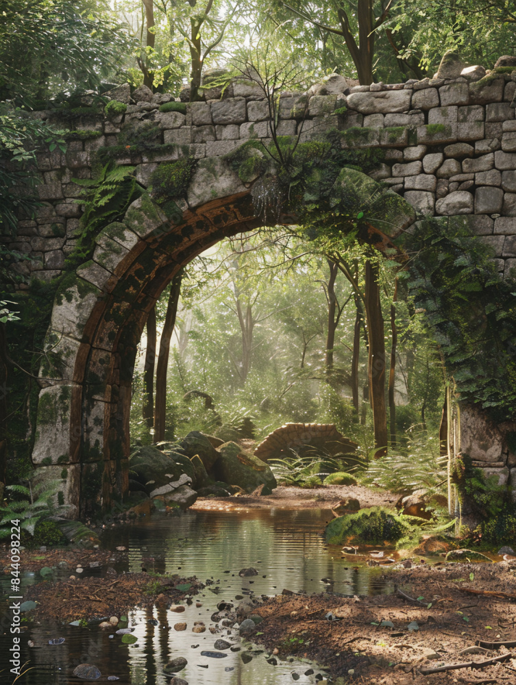 Naklejka premium a stone archway with water entering the woods, AI Generative.