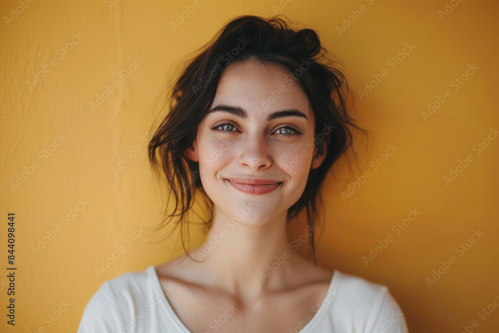 A close up portrait of a young woman with a subtle smile A close up portrait of a young woman with a subtle smile