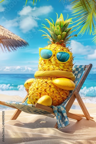 Pineapple is enjoying a sunny vacation at the beach