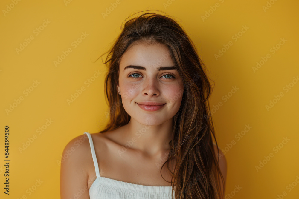 A close up portrait of a young woman with a subtle smile A close up portrait of a young woman with a subtle smile