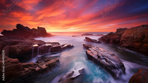 Long exposure panorama of a rocky beach during a colorful sunset. © Iman