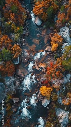 Aerial Drone View of Waterfall During Sunrise in Autumn