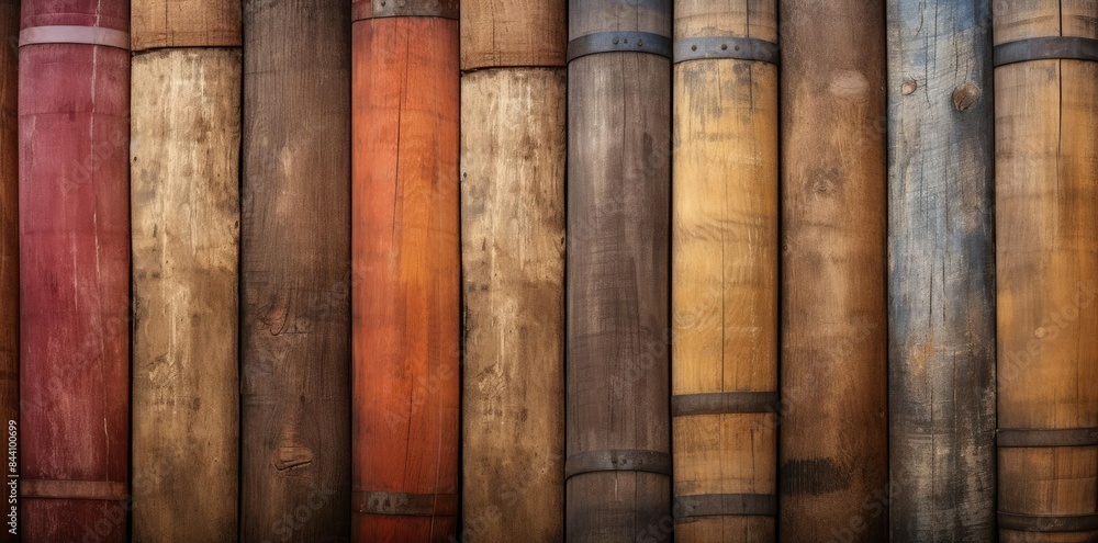 barrel textured wooden wall with a row of wooden barrels arranged in a row barrel textured wooden wall with a row of wooden barrels arranged in a row
