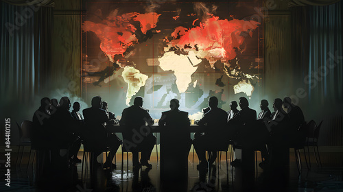 A group of men sit around a table with a large map of the world hanging on the wall behind them. A shadow government is plotting to conspire and seize power. The scene is tense and serious.