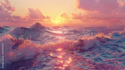 Beautifully curved ocean waves at dusk, glowing sunset sky, and calm sea.