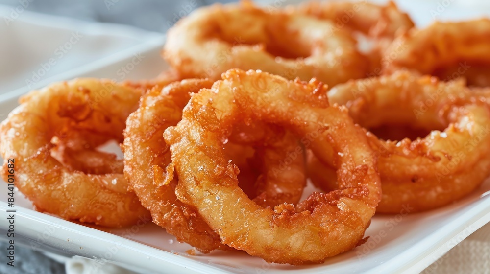 Close-up of onion rings perfectly sliced, displayed on a white ceramic dish. Close-up of onion rings perfectly sliced, displayed on a white ceramic dish.