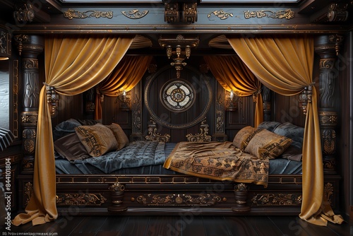 A richly decorated bedroom with an ornate canopy bed draped in golden fabric. The walls feature decorative moldings and a large circular artwork
