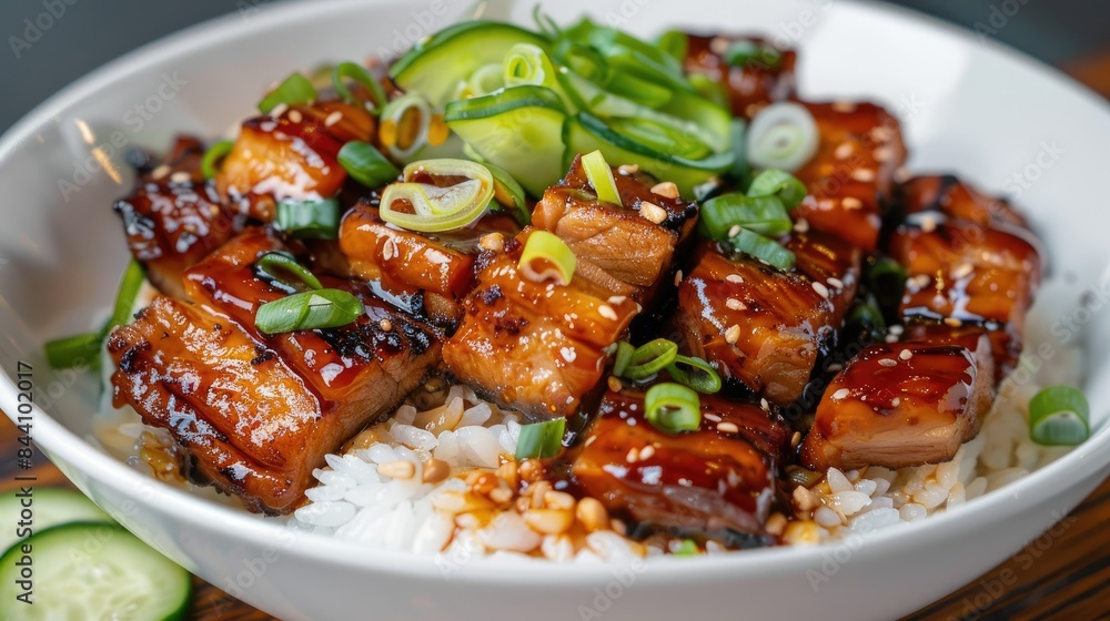 Crispy pork belly pieces arranged on rice, covered in rich soy sauce, topped with green onions and cucumber slices. Crispy pork belly pieces arranged on rice, covered in rich soy sauce, topped with green onions and cucumber slices.
