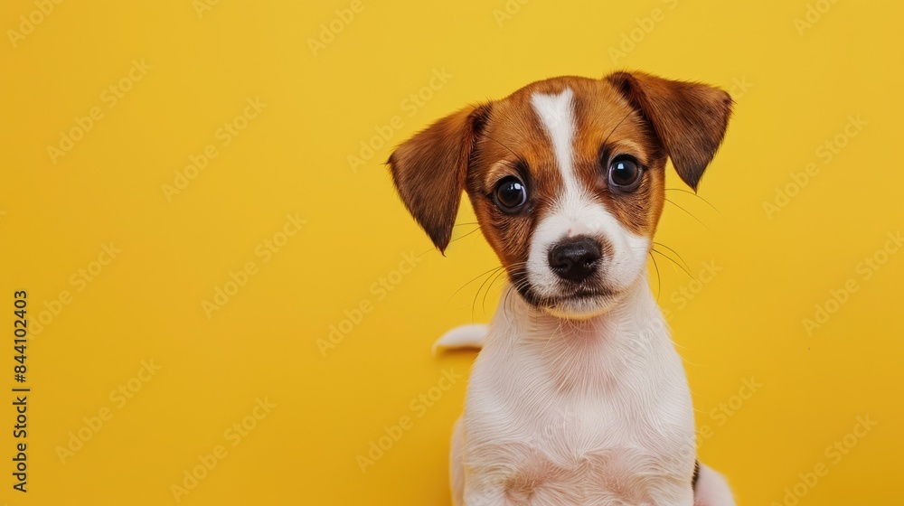 Cute puppy against a yellow background, with room for text above. Cute puppy against a yellow background, with room for text above.