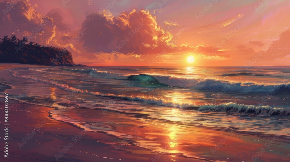Elegant sunset over the ocean with curved waves, warm hues, and serene beach. Elegant sunset over the ocean with curved waves, warm hues, and serene beach.