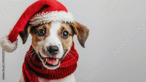 Adorable dog wearing a red Santa hat and scarf, smiling with a festive holiday vibe. Perfect for Christmas themed stock photography. © WACHI