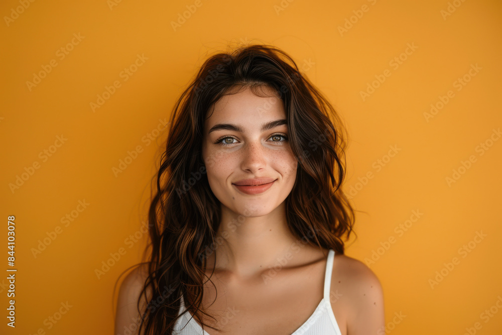 A close up portrait of a young woman with a subtle smile A close up portrait of a young woman with a subtle smile