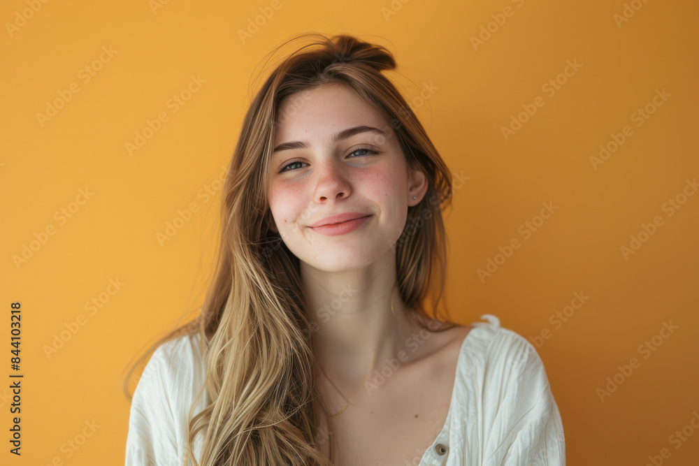 A close up portrait of a young woman with a subtle smile A close up portrait of a young woman with a subtle smile