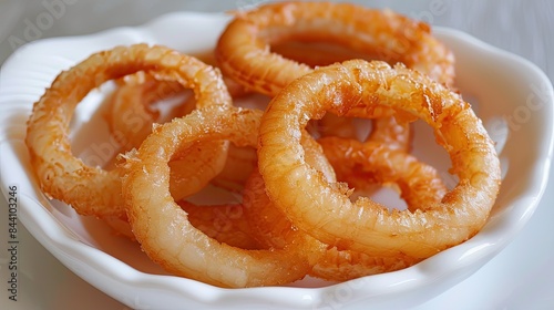 Freshly cut onion rings arranged neatly on a white ceramic dish, ready for cooking.