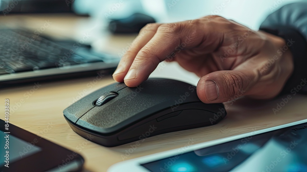 Hand gripping a mouse, about to click, with a tablet and smartphone nearby. Hand gripping a mouse, about to click, with a tablet and smartphone nearby.