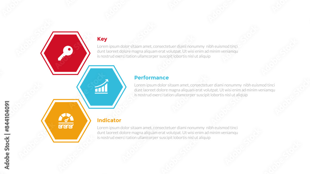 KPI key performance indicator infographics template diagram with hexagon stack unbalance with 3 point step design for slide presentation KPI key performance indicator infographics template diagram with hexagon stack unbalance with 3 point step design for slide presentation