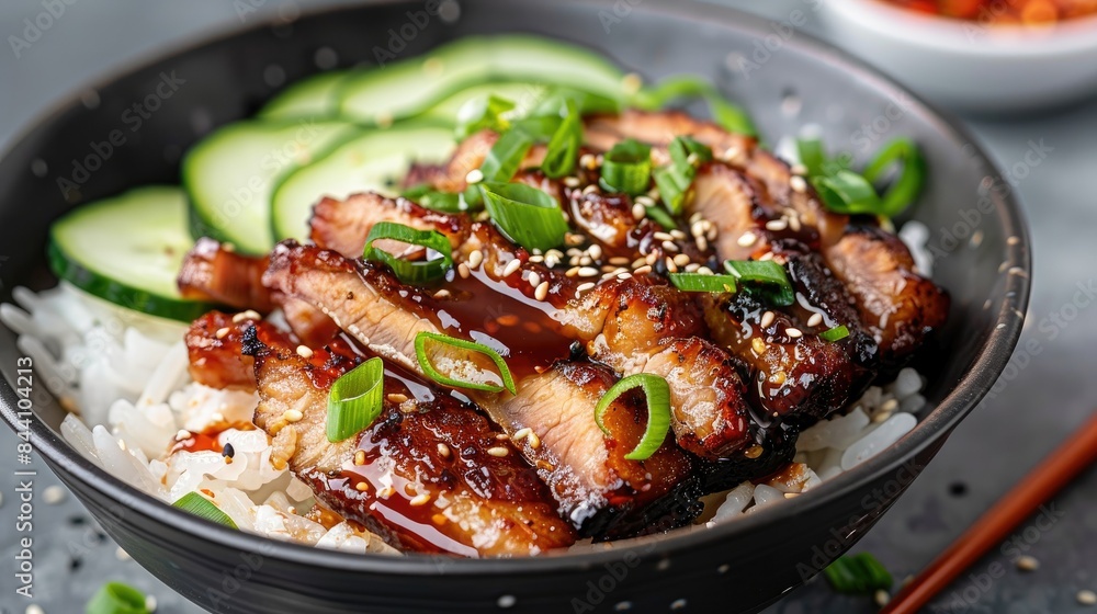 Neatly sliced crispy pork belly on white rice, topped with thick soy sauce, garnished with green onions and cucumber slices. Neatly sliced crispy pork belly on white rice, topped with thick soy sauce, garnished with green onions and cucumber slices.