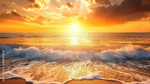 Serene sunset over the ocean with beautiful curved waves, golden hues, and tranquil beach.