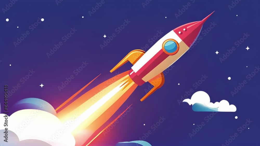 A rocket blasting off into the stratosphere representing the speed and efficiency of modern highspeed data transmissions.. 2d flat cartoon A rocket blasting off into the stratosphere representing the speed and efficiency of modern highspeed data transmissions.. 2d flat cartoon