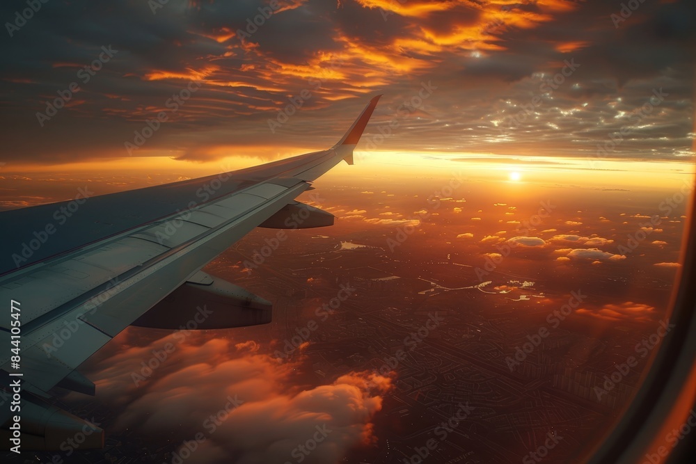 Captivating aerial cityscape views at dawn from airplanes over a bustling metropolis Captivating aerial cityscape views at dawn from airplanes over a bustling metropolis