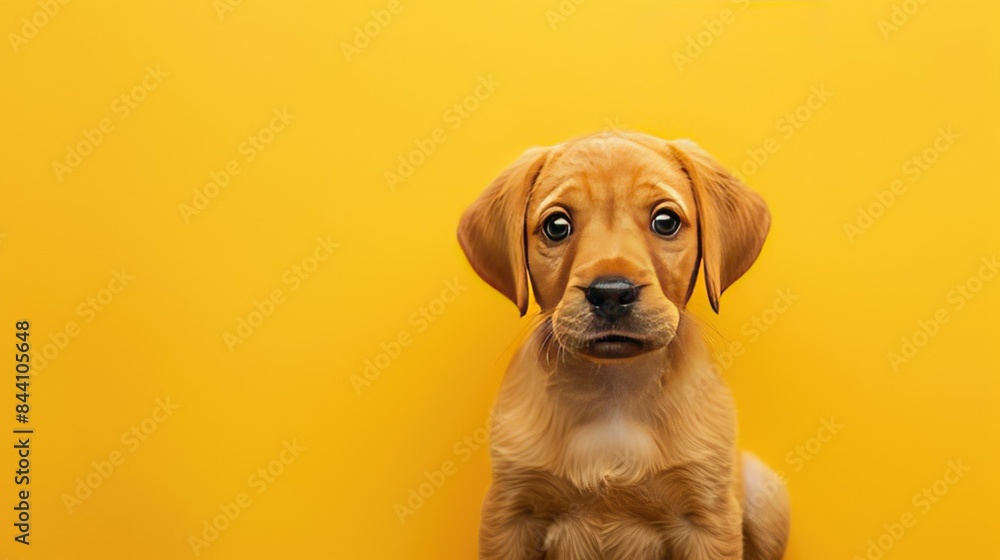 Sweet puppy on a solid yellow backdrop with space for text at the top.