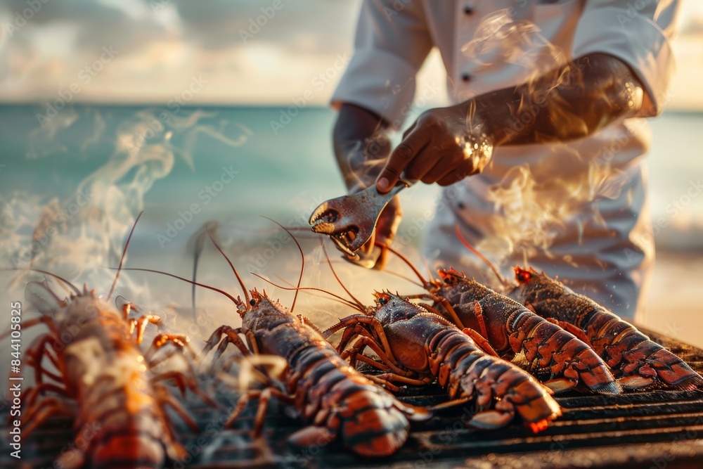 Chef Grilling Lobster Tails on the Beach at Sunset Chef Grilling Lobster Tails on the Beach at Sunset