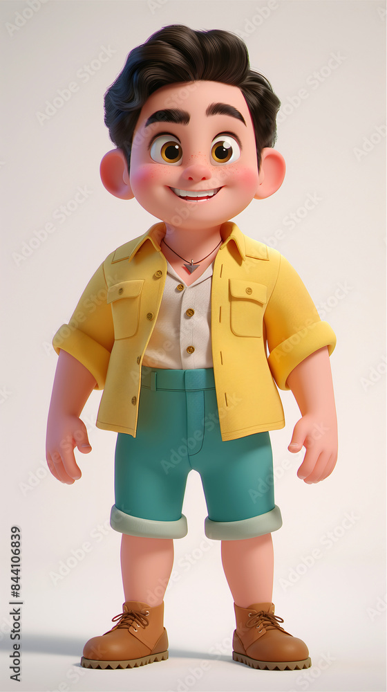 A smiling animated boy stands with his hands on his hips, dressed in a yellow shirt, teal shorts, and brown boots, exuding confidence and cheerfulness - Generative AI A smiling animated boy stands with his hands on his hips, dressed in a yellow shirt, teal shorts, and brown boots, exuding confidence and cheerfulness - Generative AI