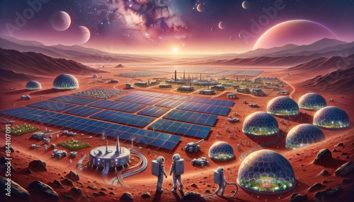 A futuristic colony on Mars with solar panels, domes, and astronauts creating a sustainable settlement under a starry sky photo