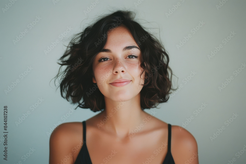 A close up portrait of a young woman with a subtle smile A close up portrait of a young woman with a subtle smile