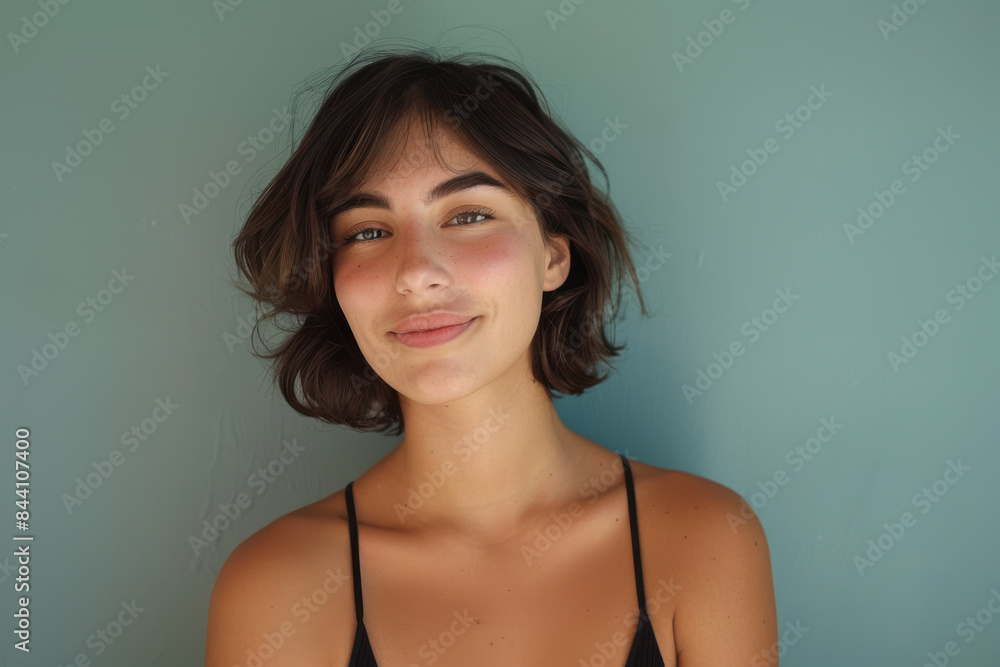 A close up portrait of a young woman with a subtle smile A close up portrait of a young woman with a subtle smile