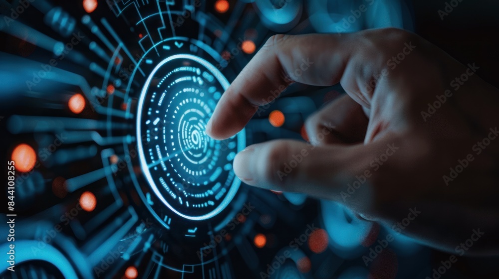 A hand is pointing at a blue screen with a fingerprint on it A hand is pointing at a blue screen with a fingerprint on it