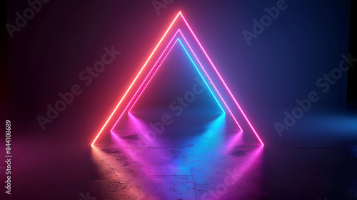 3d render. Abstract geometric neon background. Triangular shape. Colorful lines glowing in the dark. Minimalist wallpaper