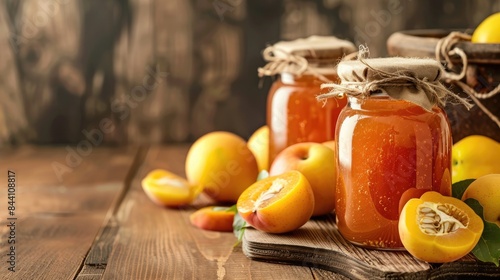 Homemade quince jam in a jar with fruits on a wooden table close up view with room for text photo