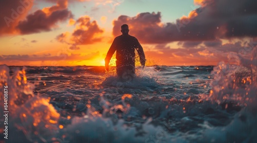A man wades through the ocean waves towards the shore at sunset with dramatic clouds and vibrant colors filling the sky